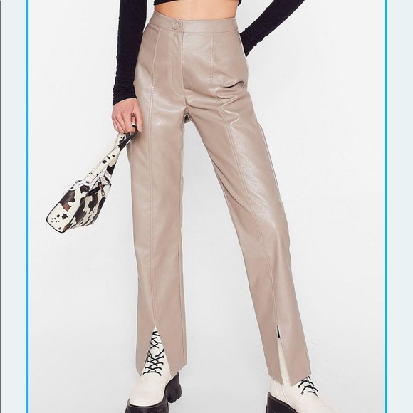 Nasty gal Beige Vegan Leather Pant w/ Slit NWT - Picture 1 of 5